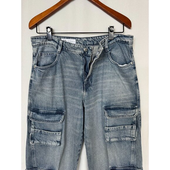 Zara Med Blue 100% Cotton Denim Cargo Wide Leg Button Jogger Cuff Jeans Size 10 - Picture 4 of 17